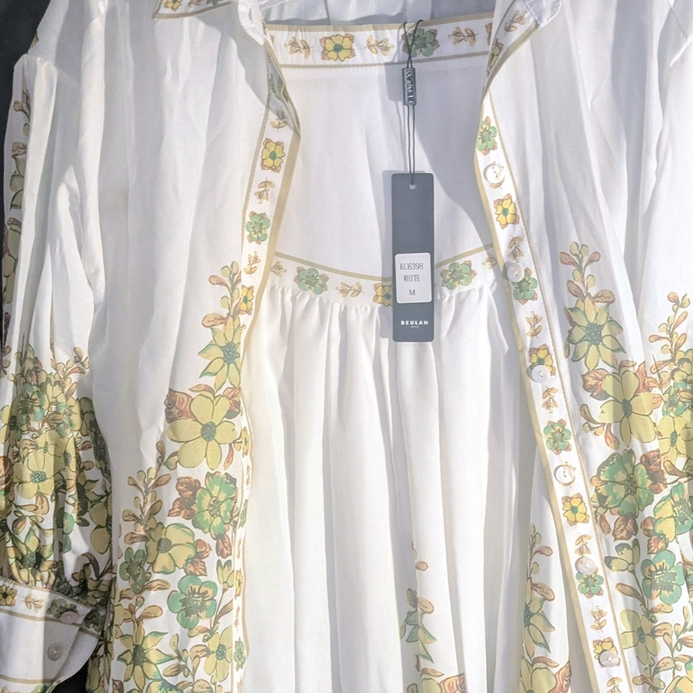 Beulah White Floral-Trim Midi Dress with Yellow & Green Embroidery